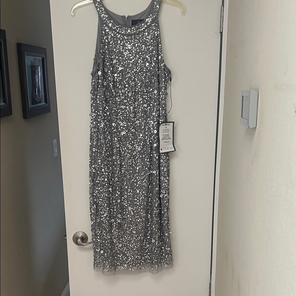 Adrianna Papell Glittering Silver Midi Dress